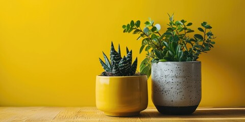 Two indoor potted plants in ceramic pots on a yellow background, minimalism style, banner with copy space for text
