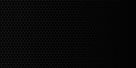 Dark grey abstract wide horizontal banner with hexagon carbon fiber grid and orange luminous lines. Technology vector background hexagon - obrazy, fototapety, plakaty