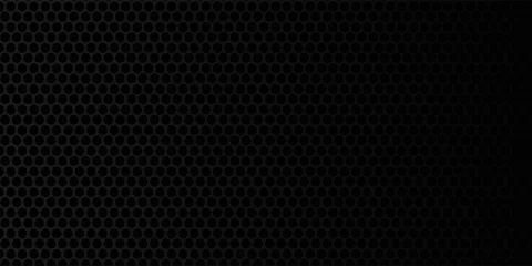 Poster Dark grey abstract wide horizontal banner with hexagon carbon fiber grid and orange luminous lines. Technology vector background hexagon © VIRAL