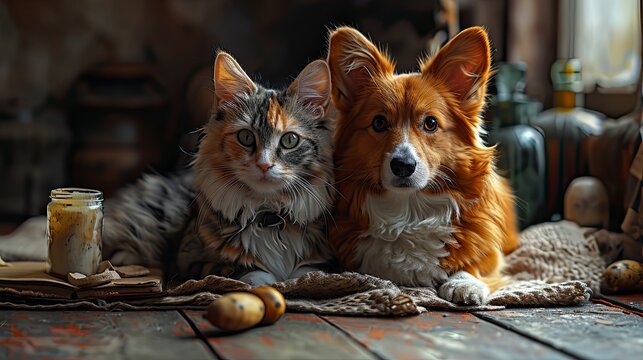 Furry Friends Red Cat Corgi Dog, Desktop Wallpaper Backgrounds, Background HD For Designer