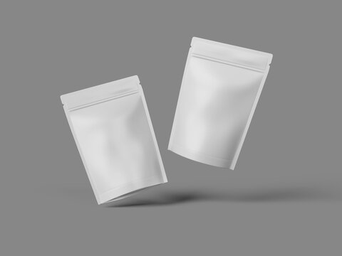 Floating White Blank Two Stand Up Zipper Pouches Packaging Mockup 3D Render