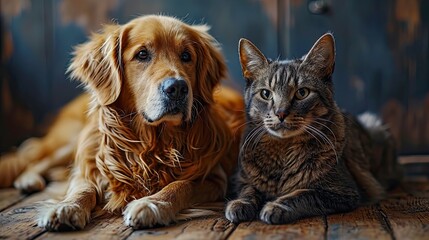 Golden Retriever Dog Cat Portrait Together, Desktop Wallpaper Backgrounds, Background HD For Designer