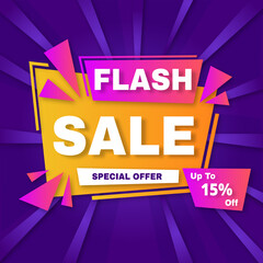 Flash Sale Vector flat design sale background with discount up to 15%. Special Offer. Vector illustration. Get discount 15%.