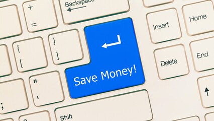 White conceptual keyboard - Save money (blue key)