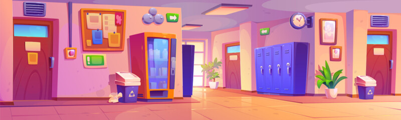 Empty school hallway with doors to classrooms, lockers and vending machine, noticeboard with bulletin and bell. Cartoon vector illustration of corridor interior of elementary or high school building.