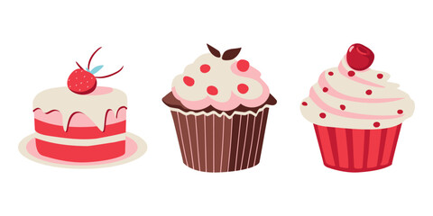 Hand Drawn Sweet Delicious Mini Cake and Cupcake. Cartoon Vector Illustration.