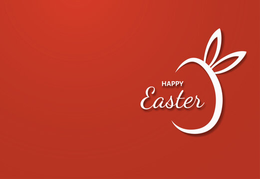 Postcard with Easter bunny ears cut out of white paper on a red background. Happy Easter.