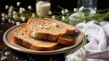 Top view of sliced fresh baked wheat bread on circle plate