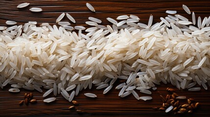 Top view of jasmine rice or White Rice grains on wooden plate.