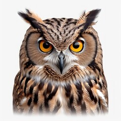 Close-up of an owl against a white background.