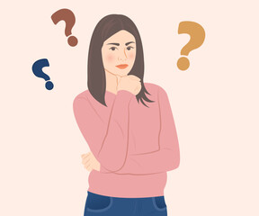 A young woman stands wondering and contemplating her business. Vector illustration