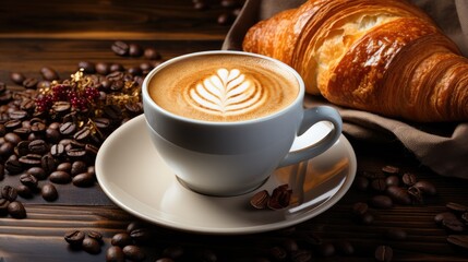 Top view of breakfast bread and coffee in white cup on wooden table