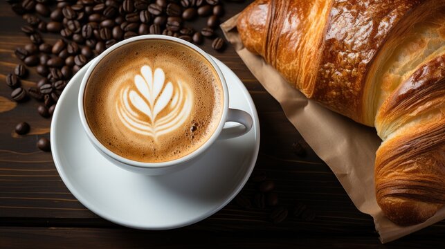 Top view of breakfast bread and coffee in white cup on wooden table - Powered by Adobe
