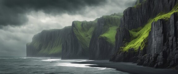 Dark Norwegian cliffs and cloudy sky. Black sand and dark sea. - obrazy, fototapety, plakaty