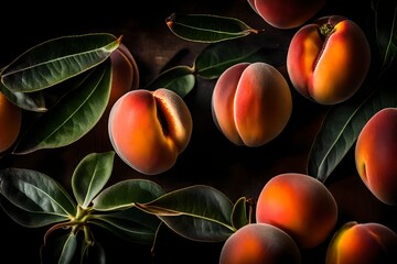 Cut and whole fresh ripe peaches with green leaves