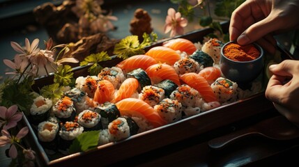 Top view of couple hands eating sushi food in Japanese restaurant.