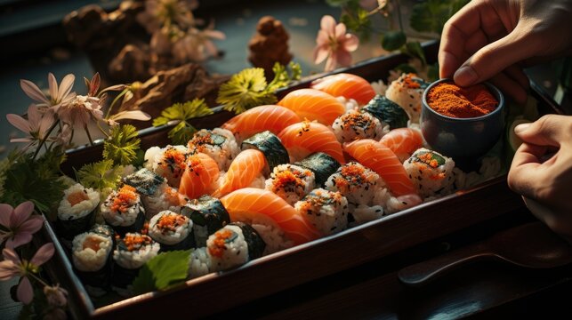 Top view of couple hands eating sushi food in Japanese restaurant.