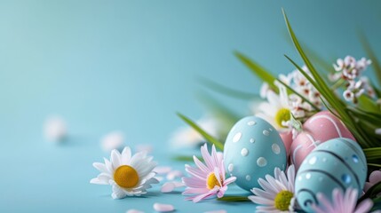 A charming Easter scene unfolds with colorful eggs against a pastel background, accompanied by enchanting light effects and a subtle blur, leaving room for additional content.