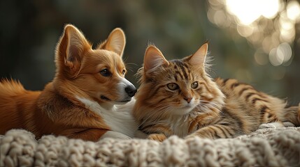 Naklejka na ściany i meble Fashionable Couple Corgi Dog Striped Cat, Desktop Wallpaper Backgrounds, Background HD For Designer