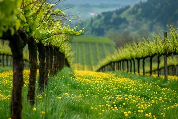 Row of bushes with green leaves on grape plantation against hill in spring time - obrazy, fototapety, plakaty
