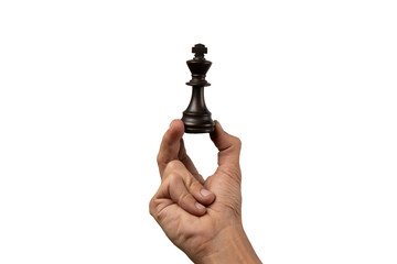 Male hand holding king chess figure isolated.