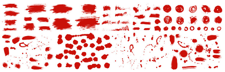 Abstract vector grungy hand drawn red blood textures. Lines, circles, liquid paint, smears. Hand drawn bloody elements. Vector grunge isolated spots, punk style splashes, splatter, pray drip texture - obrazy, fototapety, plakaty