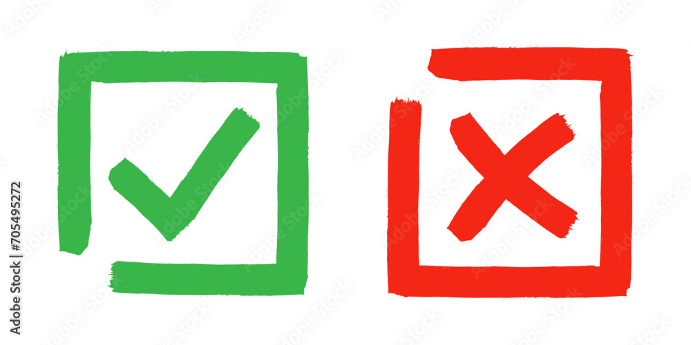 Poster two dirty grunge cross x and tick ok check marks in check boxes, hand drawn with brush strokes vecto