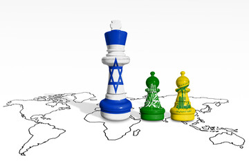 Chess made from Israel, Hamas and Hezbollah flags on a world map. Gaza and Israel war