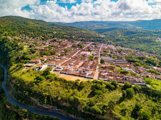 Aerial view of heritage town Barichara. Historic city in Santander department with cobbled streets and beautiful colonial architecture. The most beautiful town in Colombia.