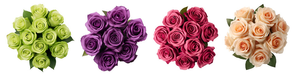 Collection set of dark pink, green purple violet peach bouquet bunch of rose roses flower floral top view on transparent background cutout, PNG file. Mockup template artwork graphic design
