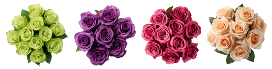 Foto op Plexiglas Collection set of dark pink, green purple violet peach bouquet bunch of rose roses flower floral top view on transparent background cutout, PNG file. Mockup template artwork graphic design © Sandra Chia