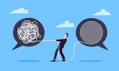 Unravel business chaos process with tangle difficult problem mess business concept flat style design vector illustration. Chaos to order, complex to simple metaphor with person trying solve mess cable