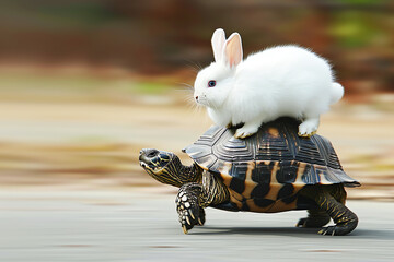a turtle carrying a rabbit on its back, AI generated - obrazy, fototapety, plakaty