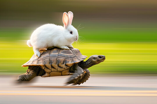 fast turtle carrying a rabbit on its back, AI generated