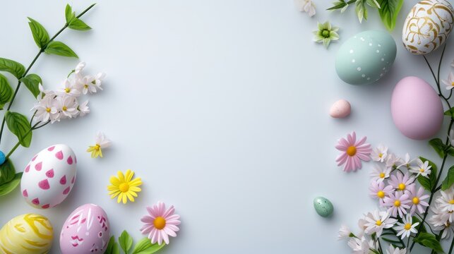 A beautiful Easter-themed background with pastel colors, vibrant egg decorations, captured from a top view, and featuring ample copy space