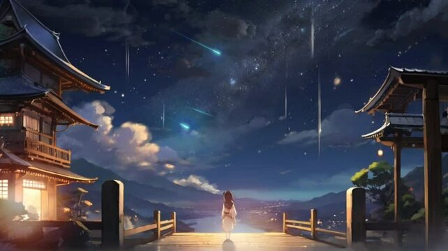 The atmosphere of Mount Fuji in Japan from a distance at night and decorated with stars in the sky. Smooth and repeatable animations