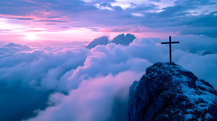 Cross At Sunset in a mountain. Crucifixion Of Jesus Christ. Easter - obrazy, fototapety, plakaty