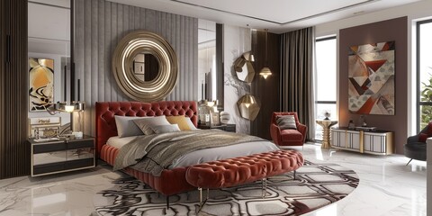 Art Deco bedroom with a velvet upholstered bed, mirrored furniture, and geometric patterns. Glamorous style with metallic accents and bold colors.