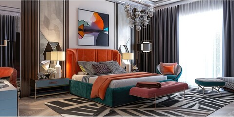 Art Deco bedroom with a velvet upholstered bed, mirrored furniture, and geometric patterns. Glamorous style with metallic accents and bold colors.