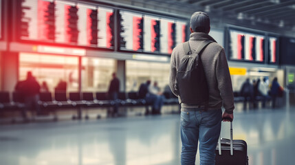Man waiting at airport terminal holding suitcase against arrival and departure board - obrazy, fototapety, plakaty