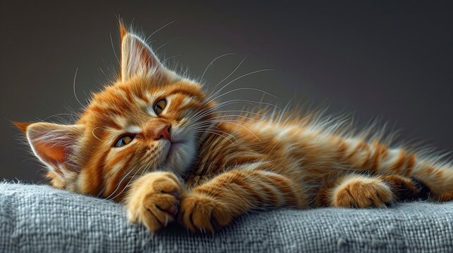 Cute Red Cat Lying On Grey, Desktop Wallpaper Backgrounds, Background HD For Designer