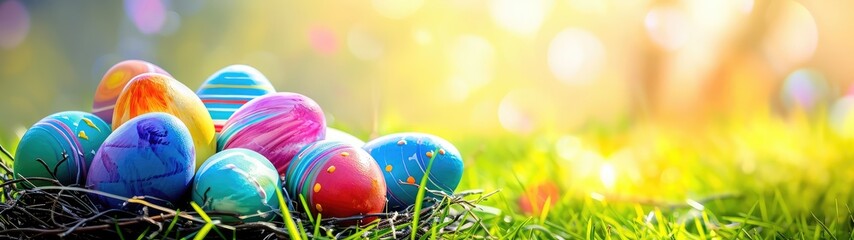 Fototapeta na wymiar Easter eggs in a nest in a green meadow