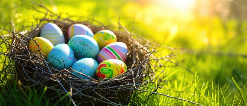 Easter eggs in a nest in a green meadow