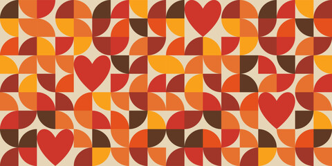 Seamless vector groovy Valentines day background. Trendy geometric shapes with circles, squares and hearts in retro 70s style