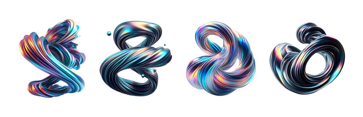 3d fluid abstract metallic holographic colored shape png set transparent background generated by ai - obrazy, fototapety, plakaty
