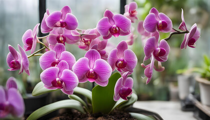 Blooming beautiful purple orchid in a greenhouse