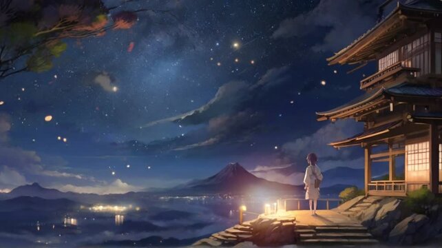 The atmosphere of Mount Fuji in Japan from a distance at night and decorated with stars in the sky. Smooth and repeatable animations