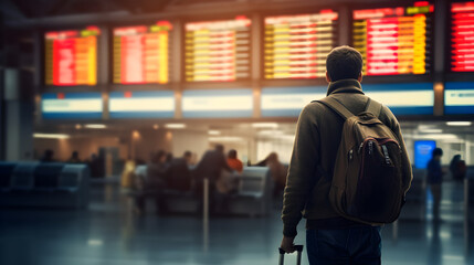 Fototapeta premium Man waiting at airport terminal against arrival and departure board