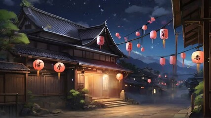 The atmosphere of a Japanese village at night is calm with traditional lights. Smooth and repeatable animations