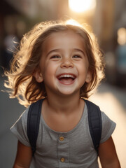 Cute little girl laughing happily in the city during morning time